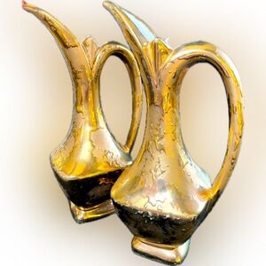 MCM Pair Of Pitcher/Vase Weeping Gold 24K 7.75” Inch Bright Swanky USA